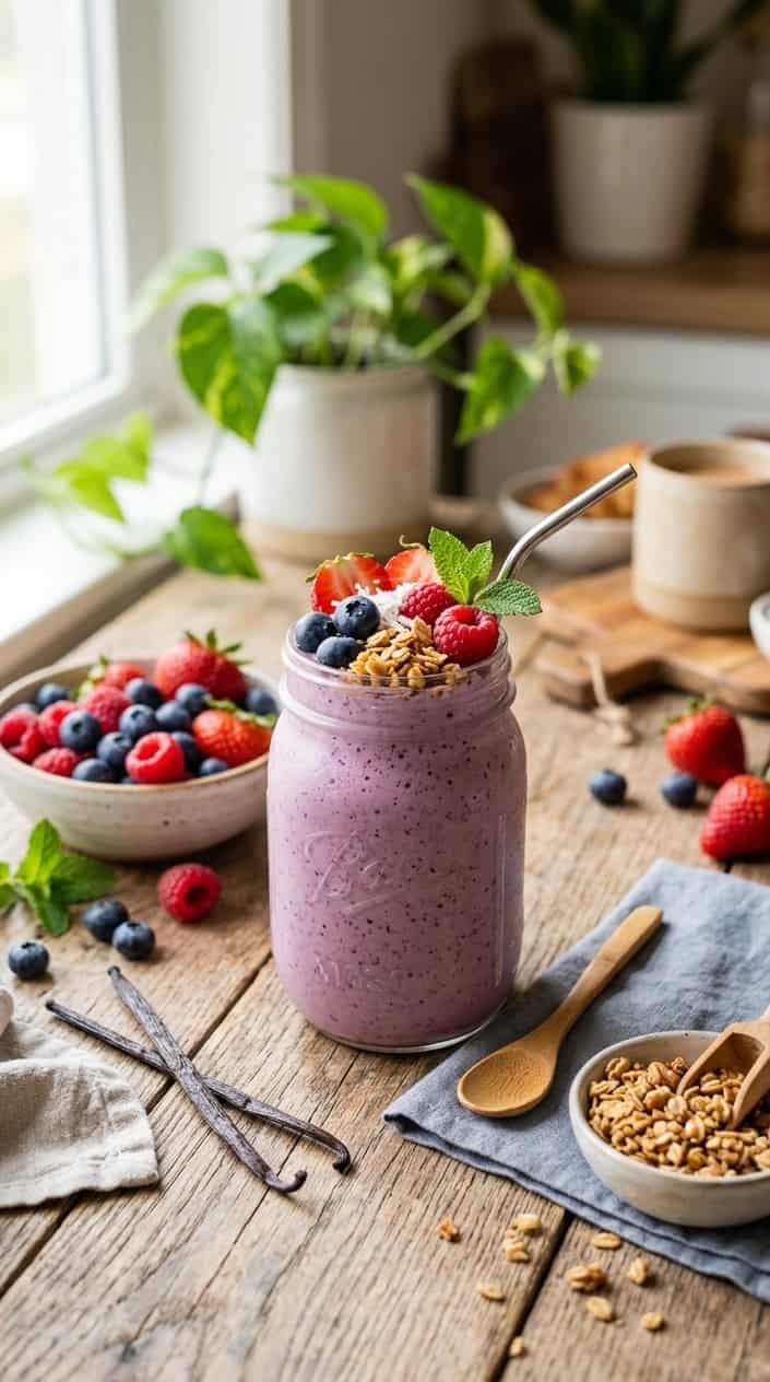 A pale pink vanilla berry smoothie in a clear glass topped with a generous handful of granola and three fresh raspberries, set on a wooden table with a small bowl of mixed berries and a sprig of mint beside it.
