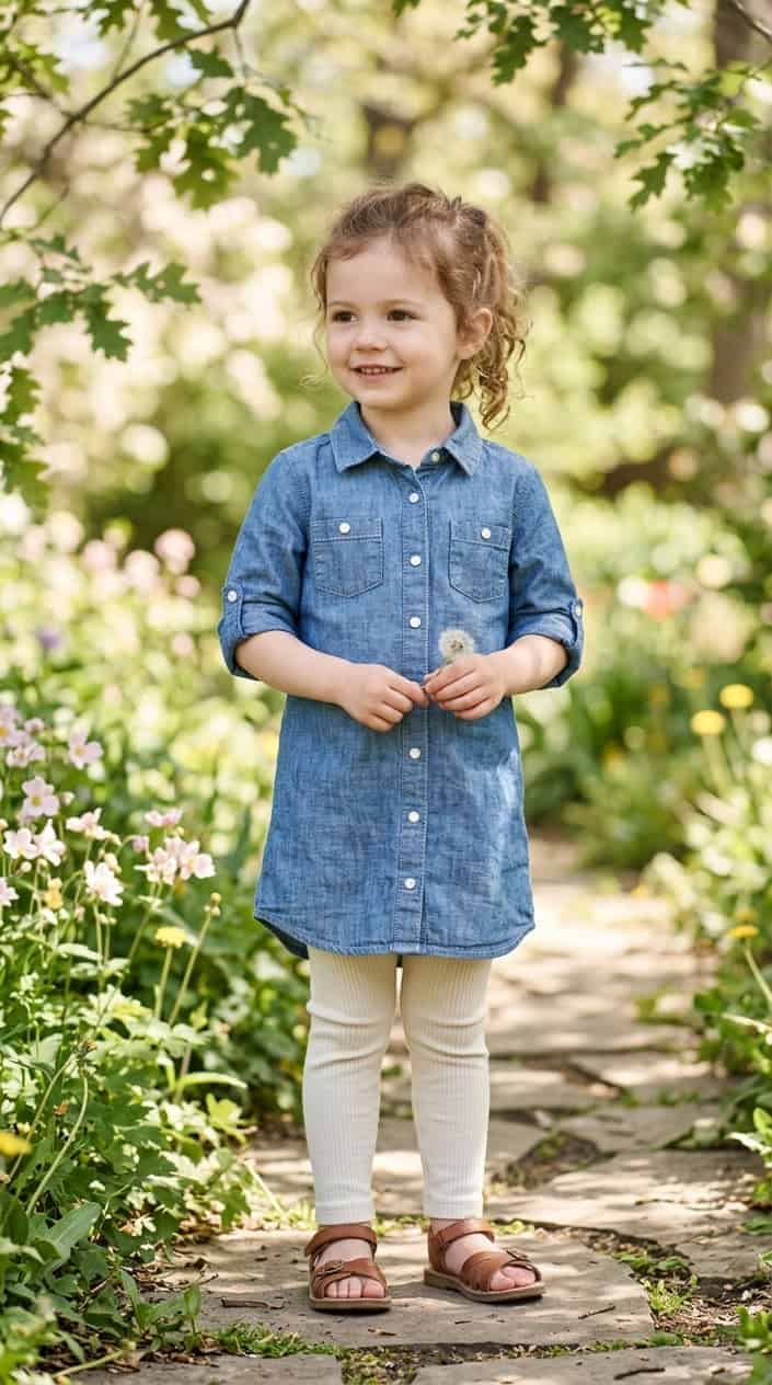 A young child standing outdoors wearing a blue shirt dress, smiling gently with a blurred green background.