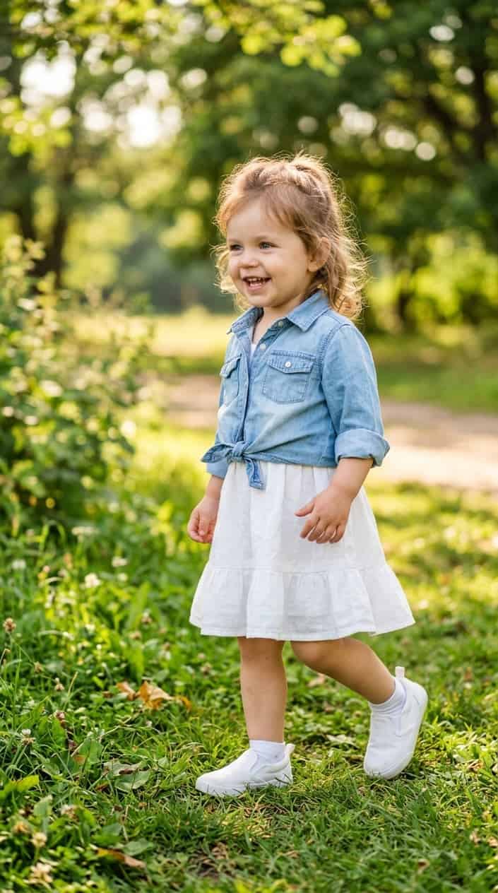 Easy Mix-and-Match Toddler Girl Summer Outfits 6 A toddler girl playing outside wearing a chambray shirt tied over a white cotton dress with white slip-on sneakers.