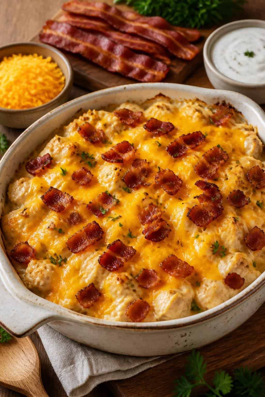 A baked chicken casserole topped with melted golden cheddar and crispy crumbled bacon in a ceramic dish on a wooden table with fresh herbs nearby.