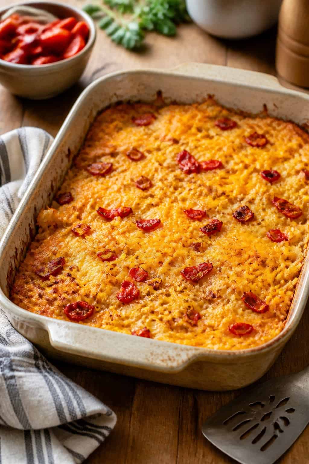 A baked cheddar and roasted red pepper hashbrown casserole in a ceramic dish on a wooden table with kitchen utensils nearby.