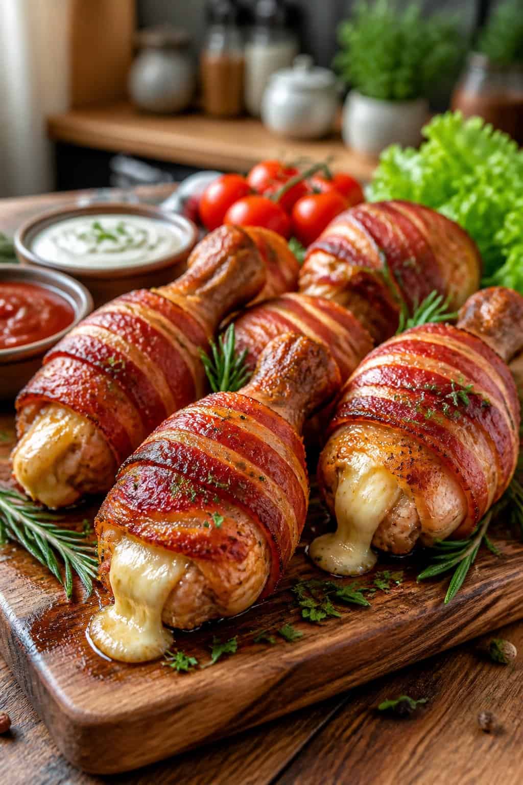 Bacon-wrapped chicken drumsticks with melted cheddar cheese and fresh herb garnish arranged on a dark wood serving board, with small dipping sauce bowls and raw vegetable sticks alongside.