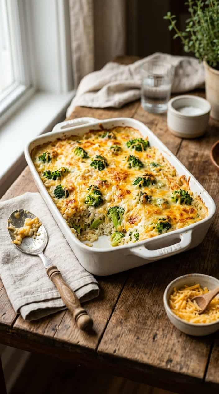 A baked cheesy broccoli and rice casserole in a white dish on a wooden table with a serving spoon nearby.