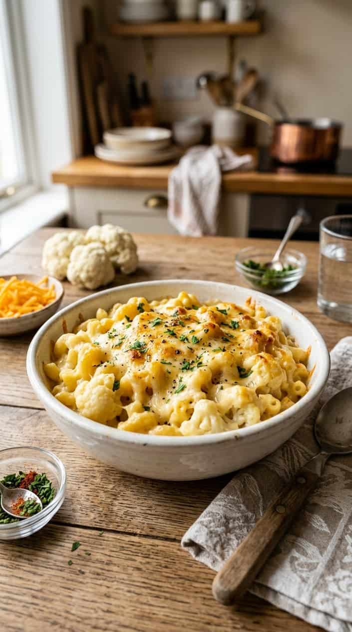 20 Easy Kid-Friendly Meals Made From Scratch 15 A bowl of creamy cauliflower mac and cheese on a wooden table with fresh ingredients around it.