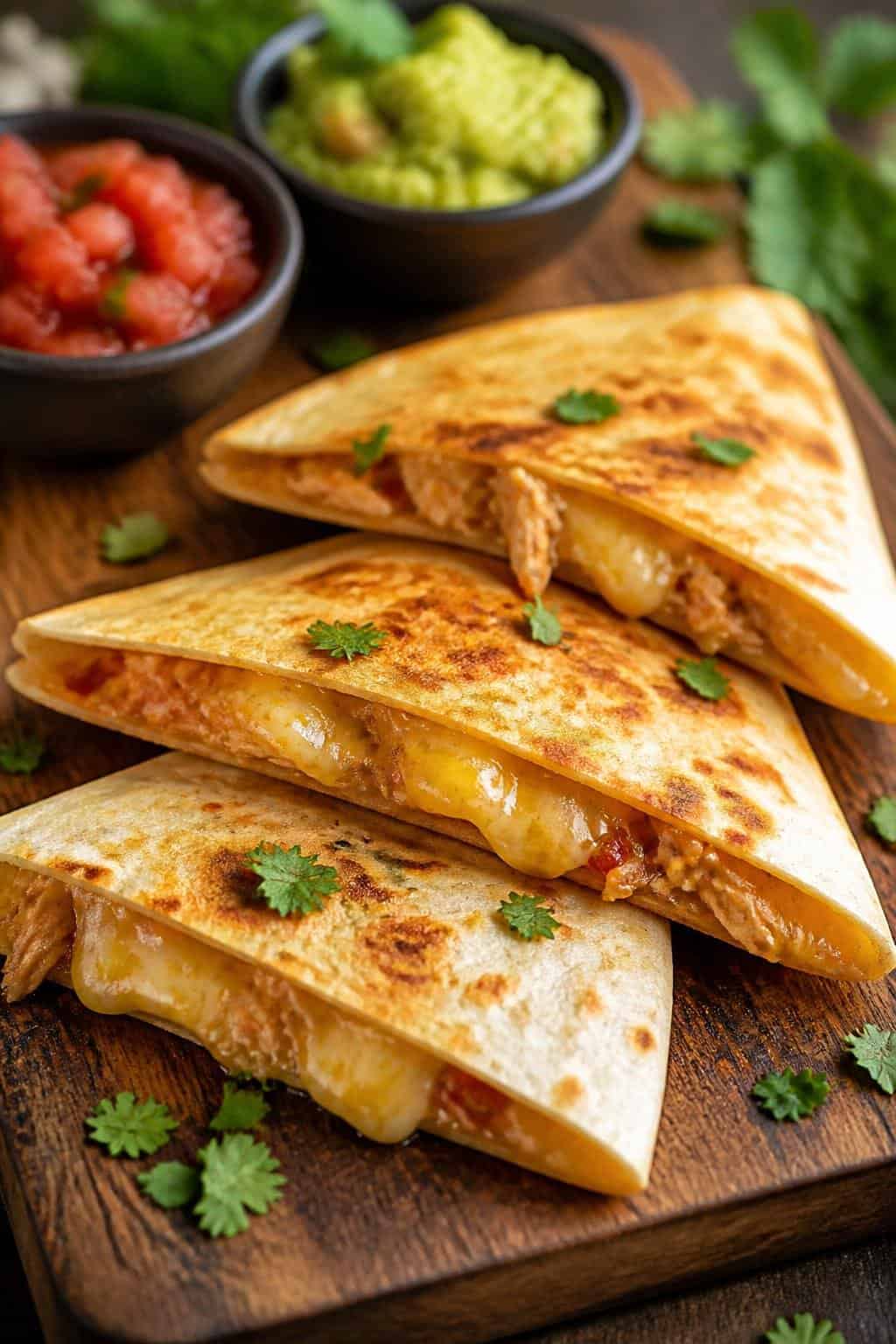 Three golden-brown cheesy chicken quesadilla triangles on a wooden board with bowls of salsa and guacamole.
