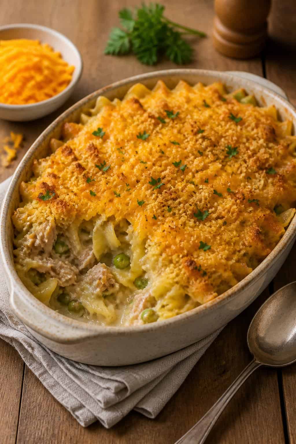 A baked tuna noodle casserole with melted cheddar cheese and crispy breadcrumb topping in a ceramic dish on a wooden table.