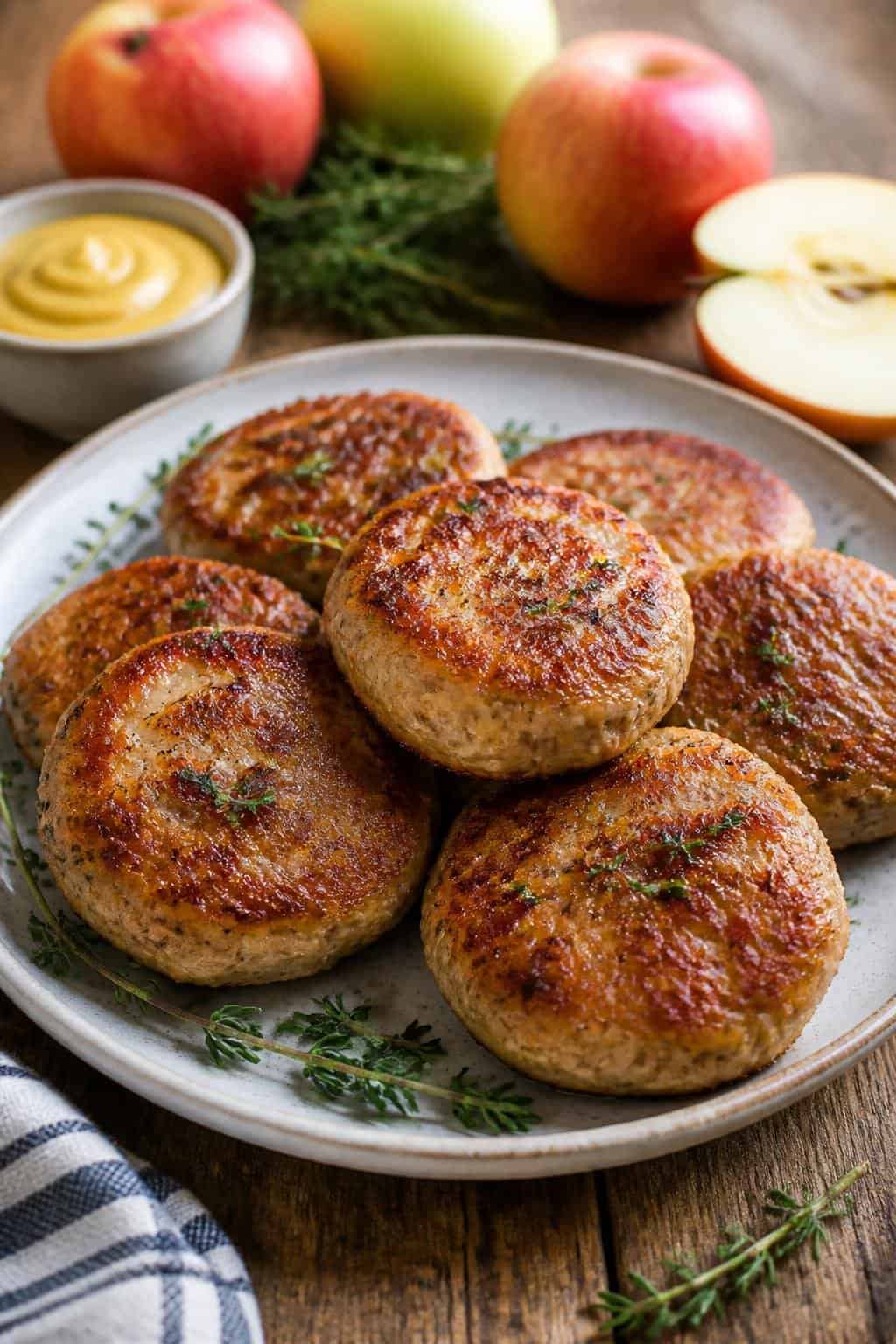 A plate of chicken and apple sausage patties garnished with herbs on a wooden table with apples and mustard sauce nearby.