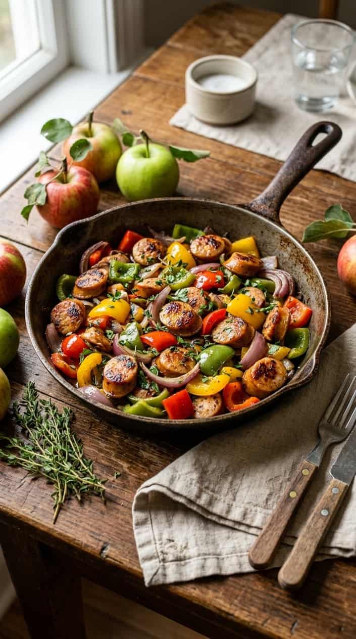 20 Easy Kid-Friendly Meals Made From Scratch 14 A skillet filled with cooked chicken and apple sausage slices with vegetables on a wooden table.