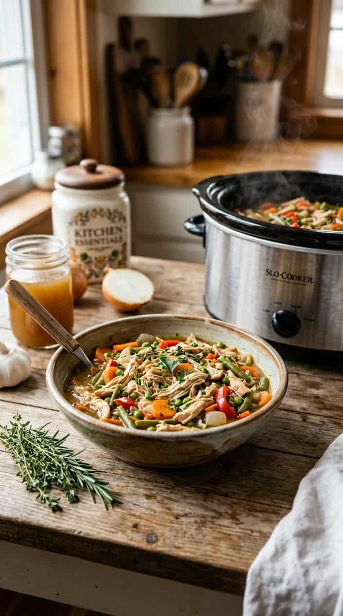 A bowl of shredded chicken with mixed vegetables next to a slow cooker on a wooden countertop in a kitchen.