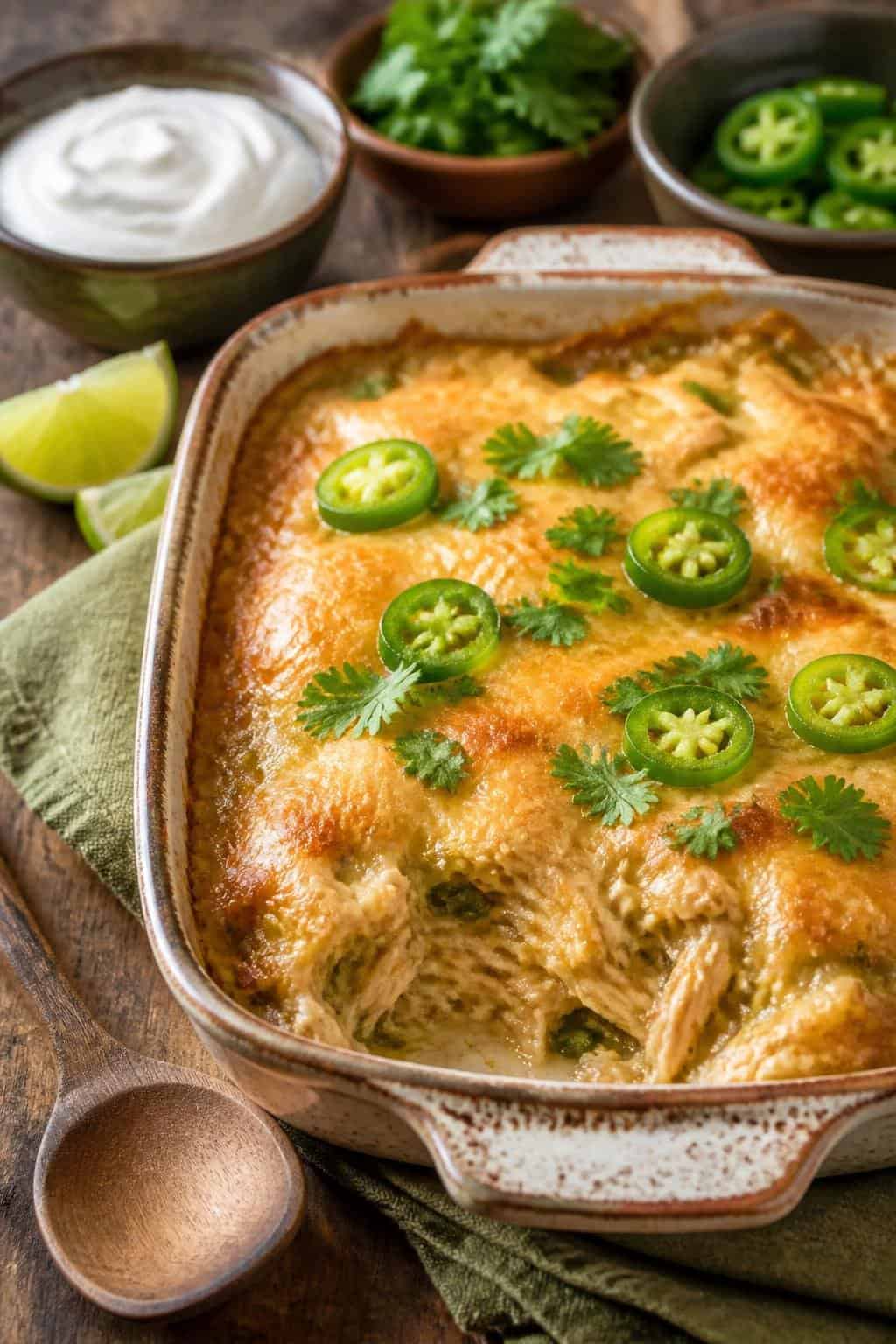 A baked chicken enchilada casserole with melted Monterey Jack cheese and diced green chili in a ceramic dish, garnished with fresh cilantro and sliced jalapeños on a wooden table.