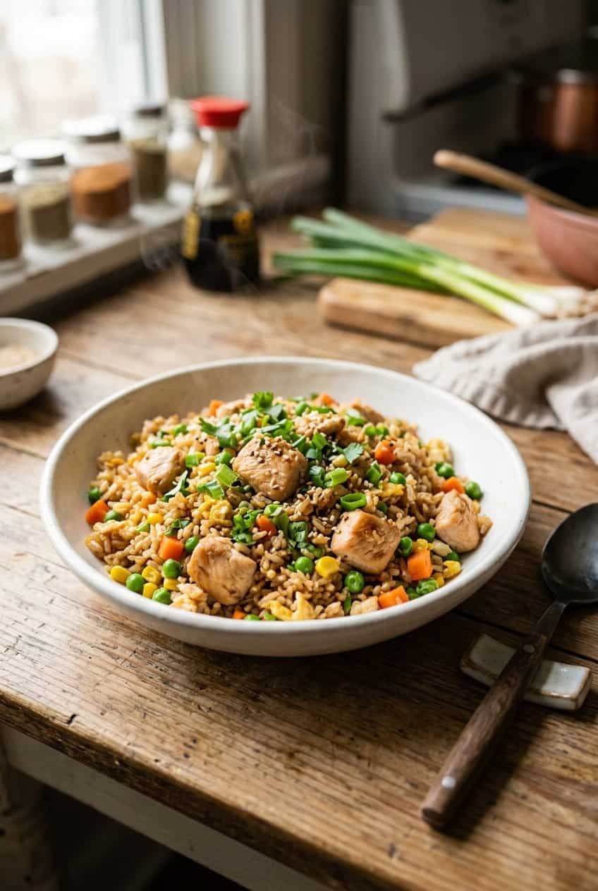 A wide bowl of golden chicken fried rice flecked with peas, carrots, corn, and green onion, with visible pieces of shredded chicken and scrambled egg throughout, photographed in a home kitchen setting.