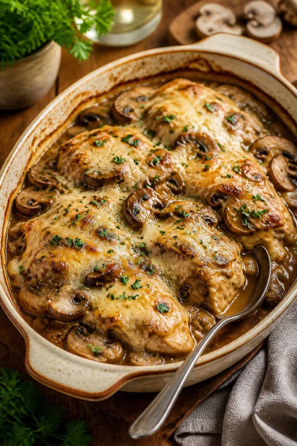20 Chicken Casserole Recipes for Big Gatherings 21 A baked chicken and cremini mushroom casserole in a deep ceramic dish with a golden mozzarella and Parmesan topping, garnished with fresh flat-leaf parsley on a wooden table.