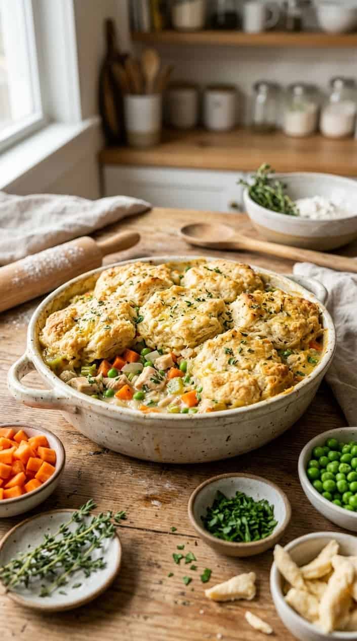 A ceramic baking dish with chicken pot pie filling topped with biscuit dough on a wooden countertop surrounded by fresh vegetables and herbs.