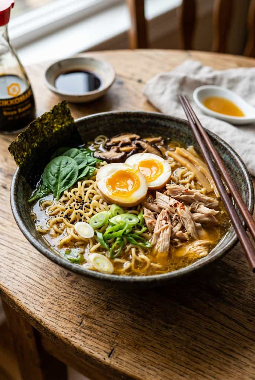A deep bowl of homemade-style chicken ramen with springy ramen noodles in a dark soy broth, topped with a halved soft-boiled egg with a jammy yolk, scattered green onions, wilted spinach, and shredded rotisserie chicken, with chopsticks resting on the rim.