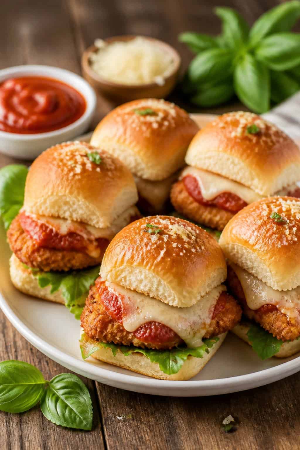 A plate of chicken tender parmesan sliders with melted cheese and marinara sauce on slider buns, garnished with lettuce and basil on a wooden table.