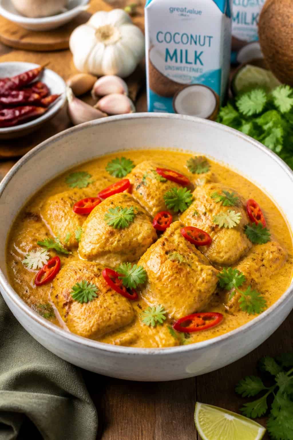 A wide bowl of bite-sized chicken thighs in a deep golden coconut curry sauce, garnished with fresh cilantro and thin red chili slices, with cooking ingredients visible on the wooden table behind it.