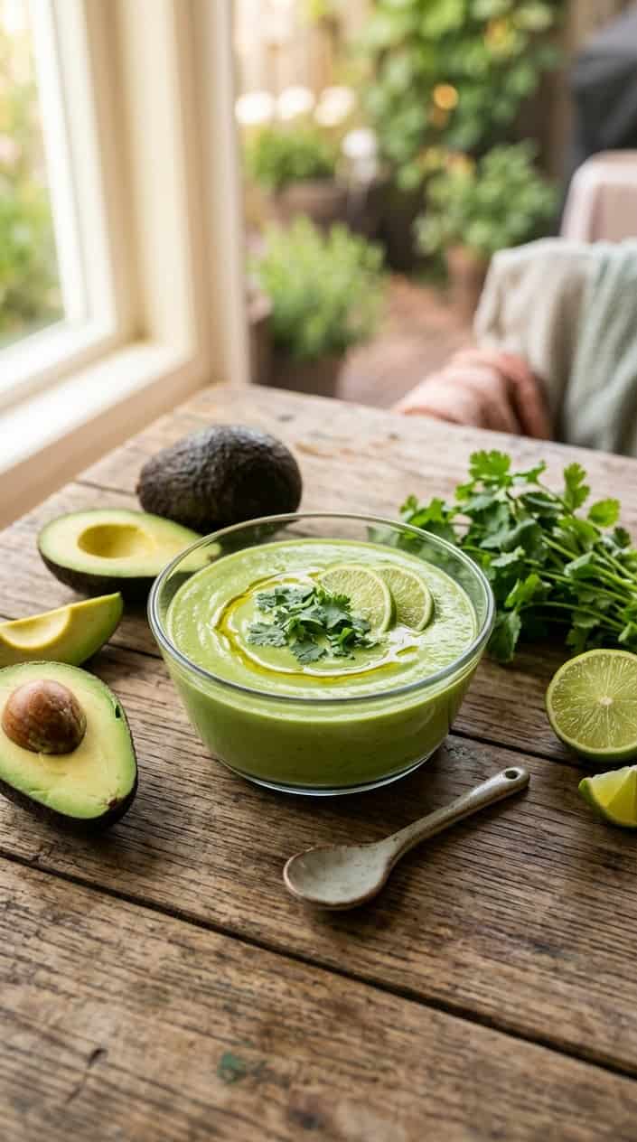 21 No-Heat Summer Dinner Recipes 13 A bowl of chilled avocado-cilantro soup garnished with cilantro and lime wedges on a wooden table with fresh avocados, cilantro, and limes around it.
