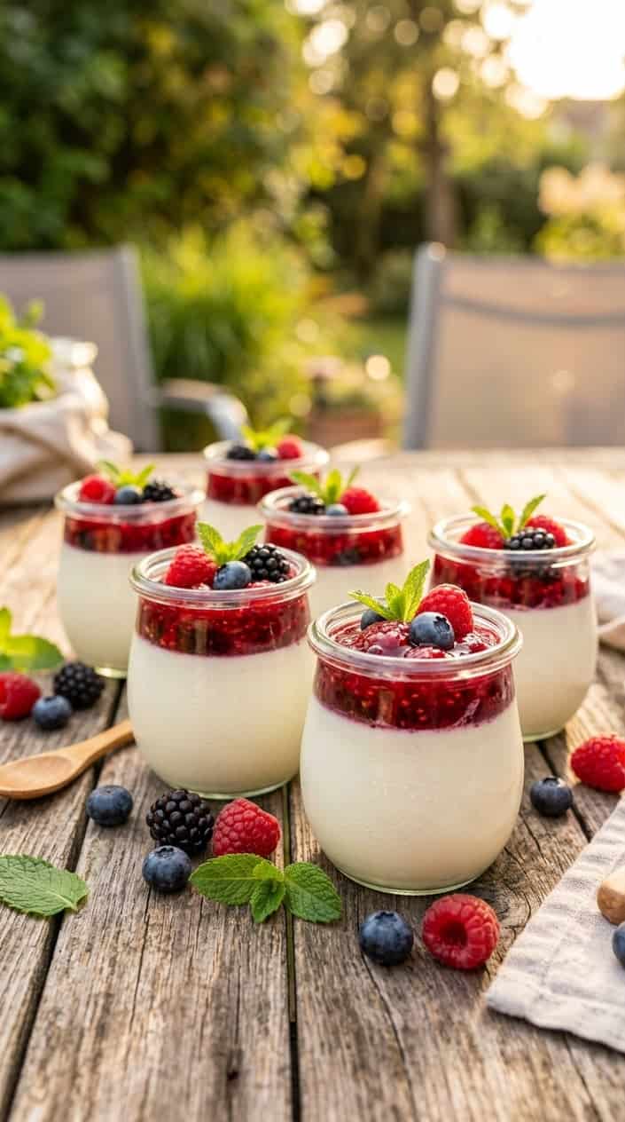 Several small glass jars filled with creamy panna cotta topped with mixed berry compote on a wooden table with scattered fresh berries and mint leaves in warm natural light.