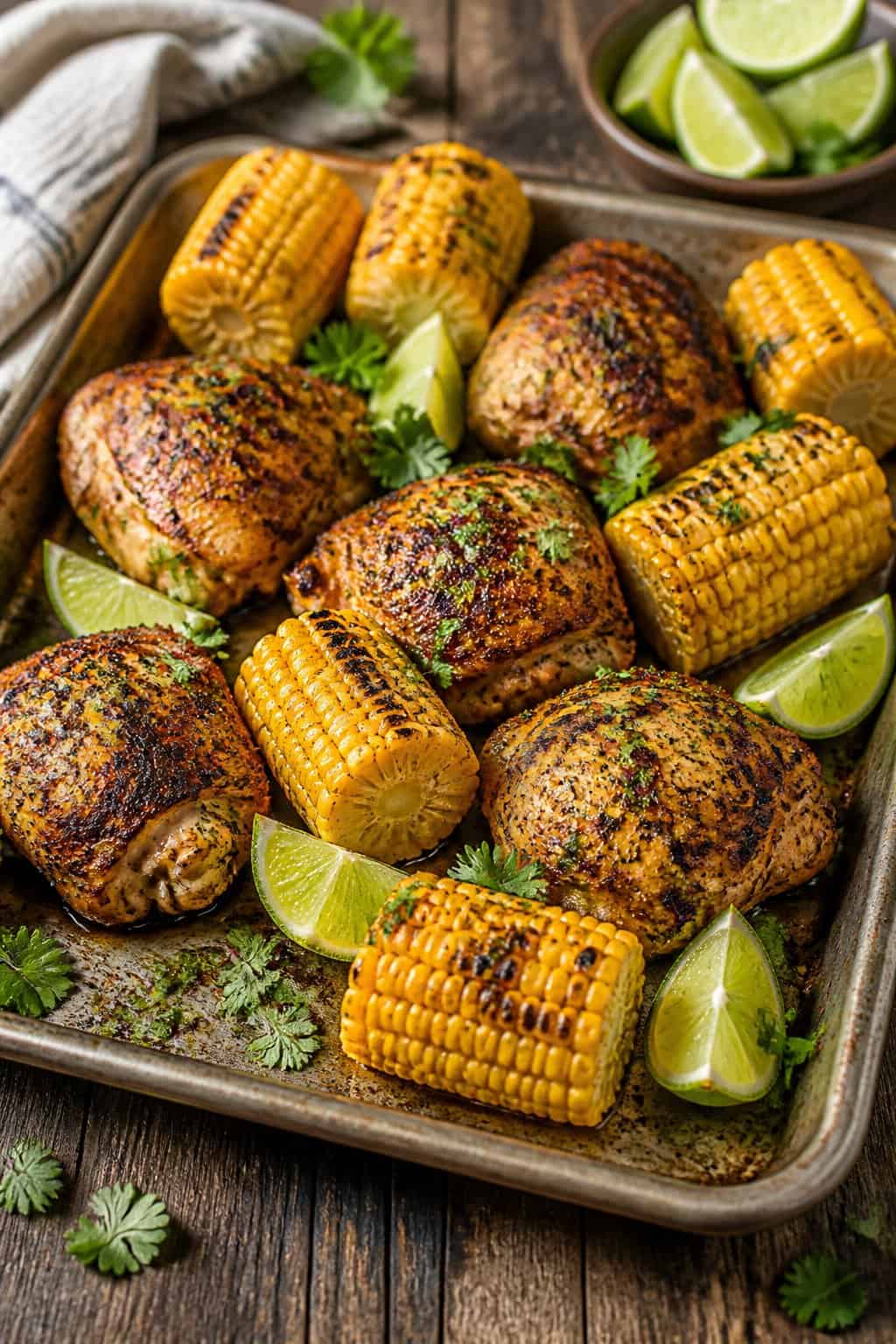 15 Boneless Skinless Chicken Thigh Recipes for Busy Weeknights 16 A foil-lined sheet pan with chipotle-lime chicken thighs roasted alongside charred corn kernels, sliced red bell pepper, and red onion, with lime wedges and cilantro scattered on top.
