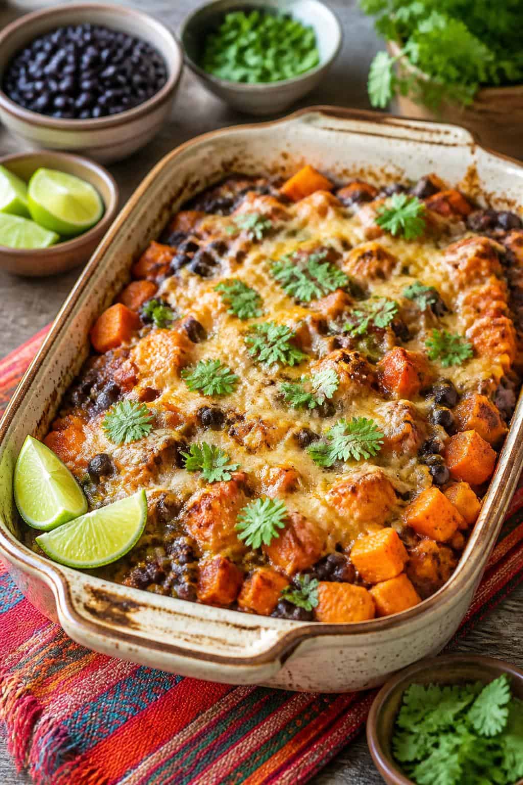 Sweet Potato Casseroles That Feed a Crowd 8 A baked sweet potato and black bean casserole garnished with cilantro and lime wedges on a wooden table with small bowls of ingredients nearby.