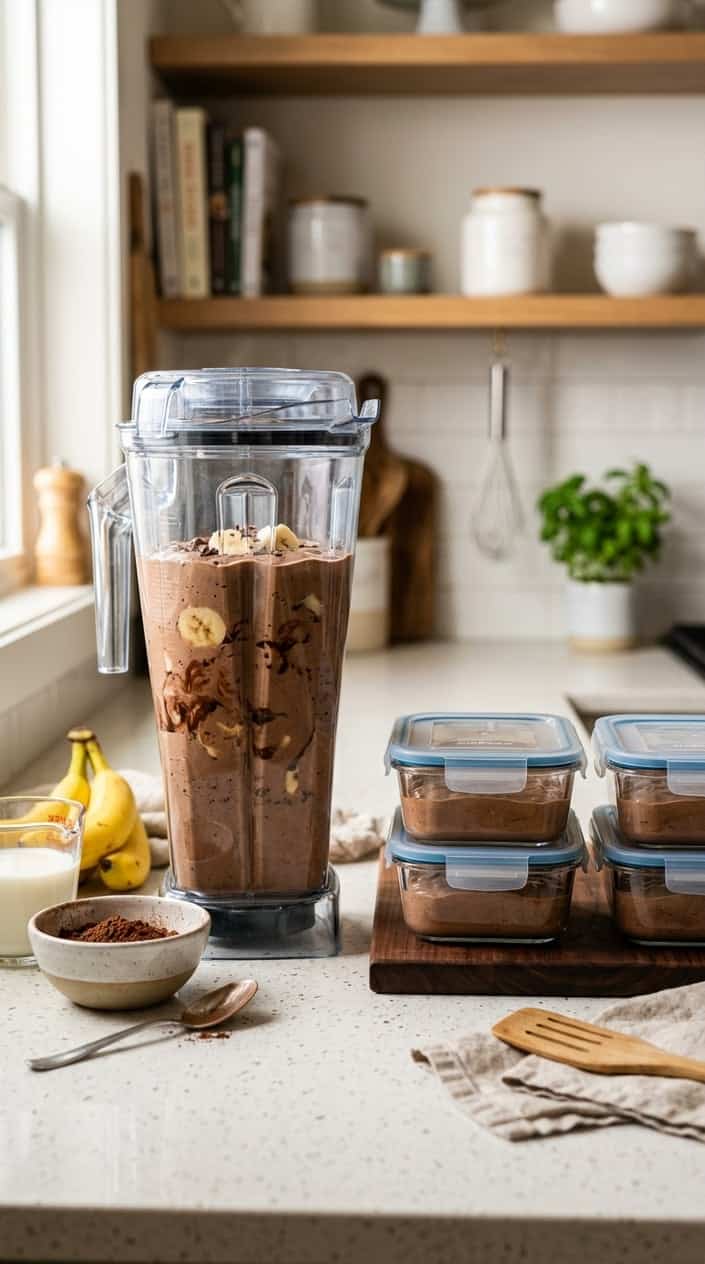 A glass blender filled with chocolate banana pancake batter on a kitchen countertop surrounded by bananas, cocoa powder, and containers of batter ready to freeze.