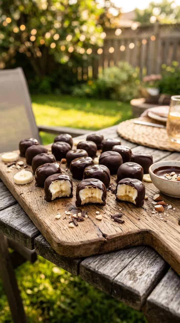 Summer Desserts That Hold Up in the Heat 5 Chocolate-dipped frozen banana bites arranged on a wooden board outdoors during warm golden hour light.