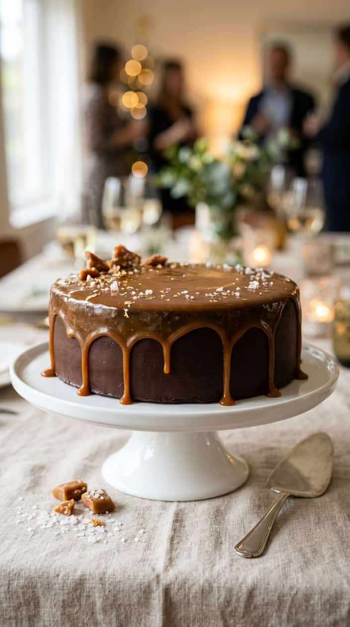 A chocolate ganache torte with sea salt caramel dripping down the sides, displayed on a white cake stand with sea salt flakes sprinkled around.