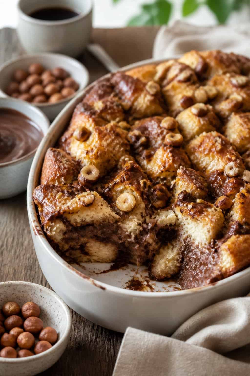 A chocolate-hazelnut French toast pull-apart casserole on a wooden table with some pieces separated to show the gooey interior, surrounded by whole hazelnuts, a jar of chocolate spread, and a coffee cup.
