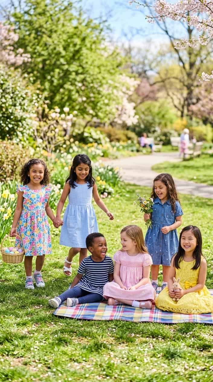 A group of children wearing various dresses playing together outdoors in a sunny park.