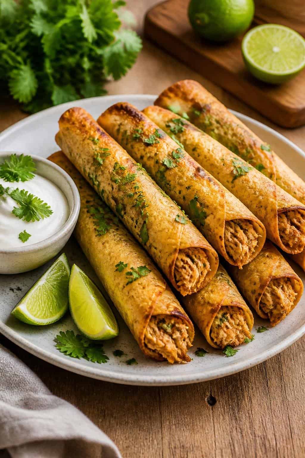 A plate of crispy cilantro-lime chicken taquitos with lime wedges and a bowl of dipping sauce on a wooden table.