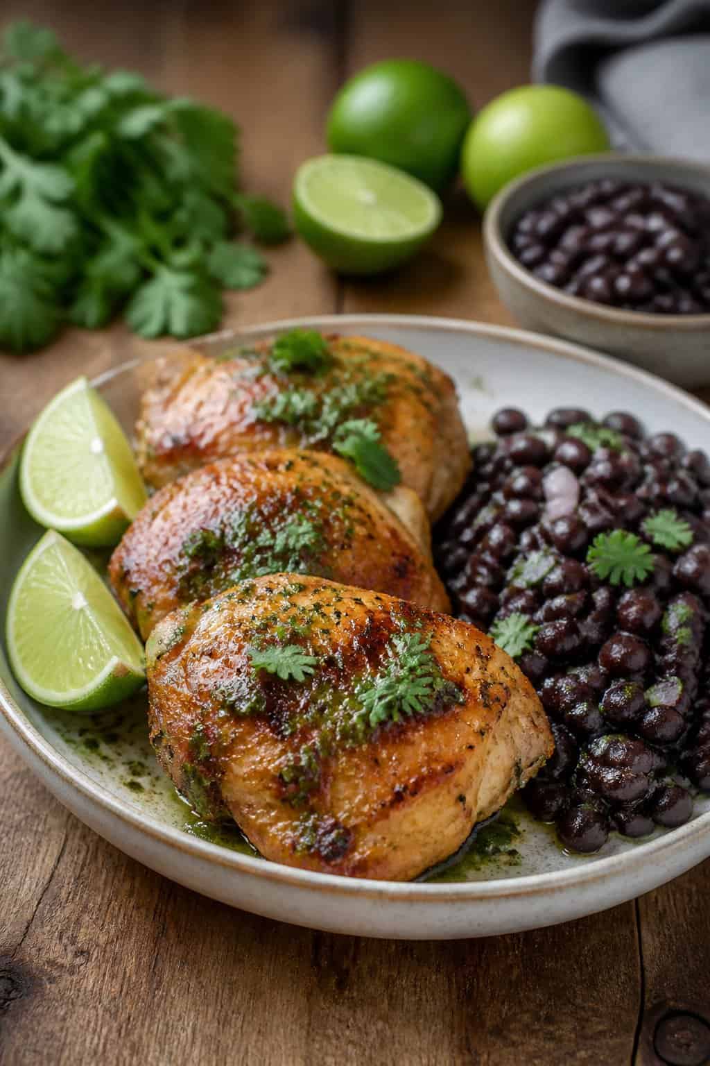 Sliced cilantro lime chicken thighs on a wooden table plated alongside glossy black beans, with fresh lime wedges and a handful of cilantro leaves arranged at the side.