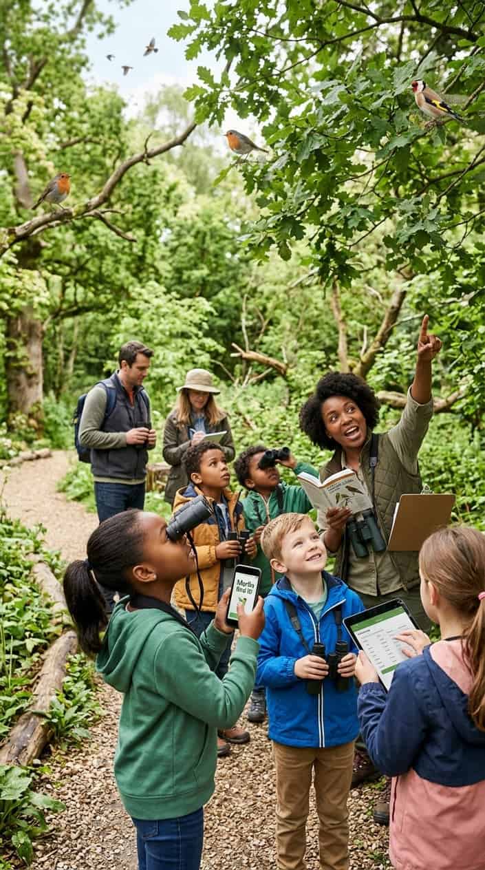 Children and adults outdoors using binoculars and smartphones to identify birds during a group bird-watching activity.