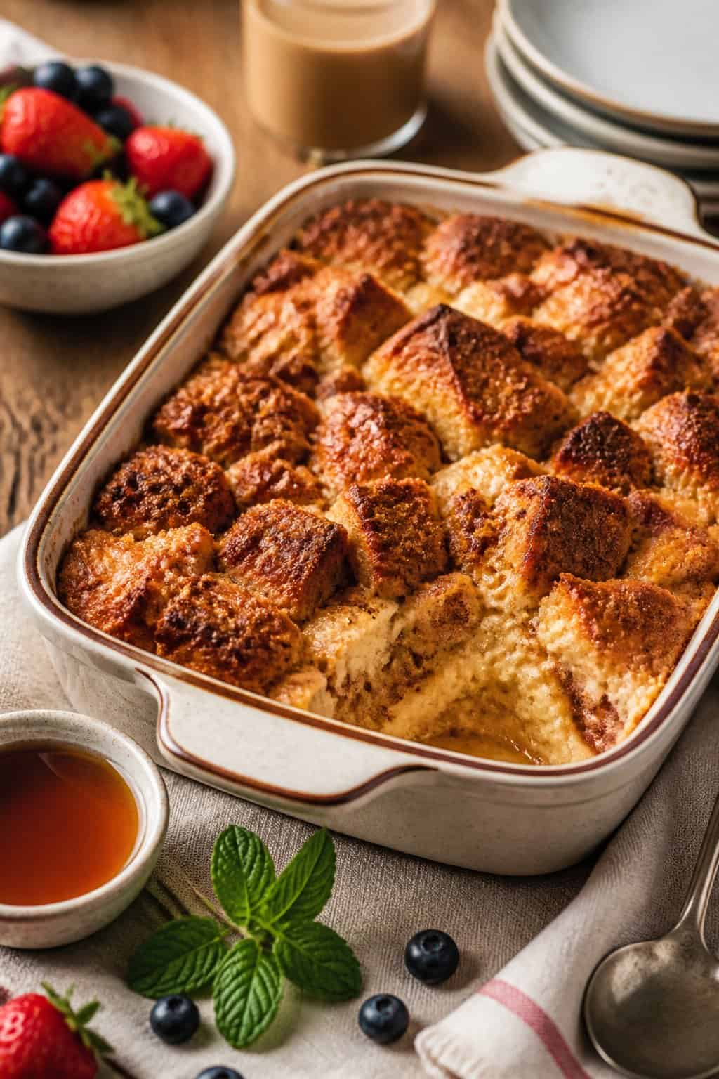 A cinnamon-stuffed French toast casserole in a golden-brown baking dish on a wooden table with a small pitcher of syrup and a handful of fresh berries alongside.