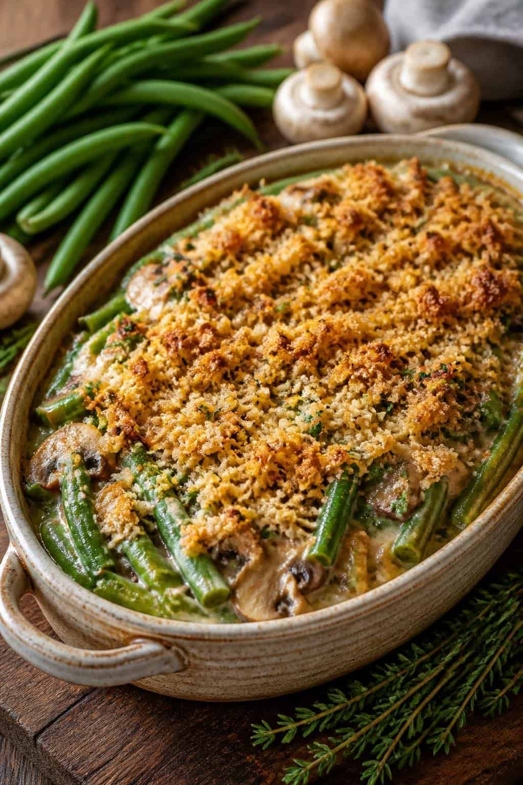 15 Green Bean Casseroles for Hungry Families 2 A green bean casserole with sliced mushrooms and a golden crispy onion topping in a white ceramic dish, surrounded by raw green beans and whole mushrooms on a wooden table.