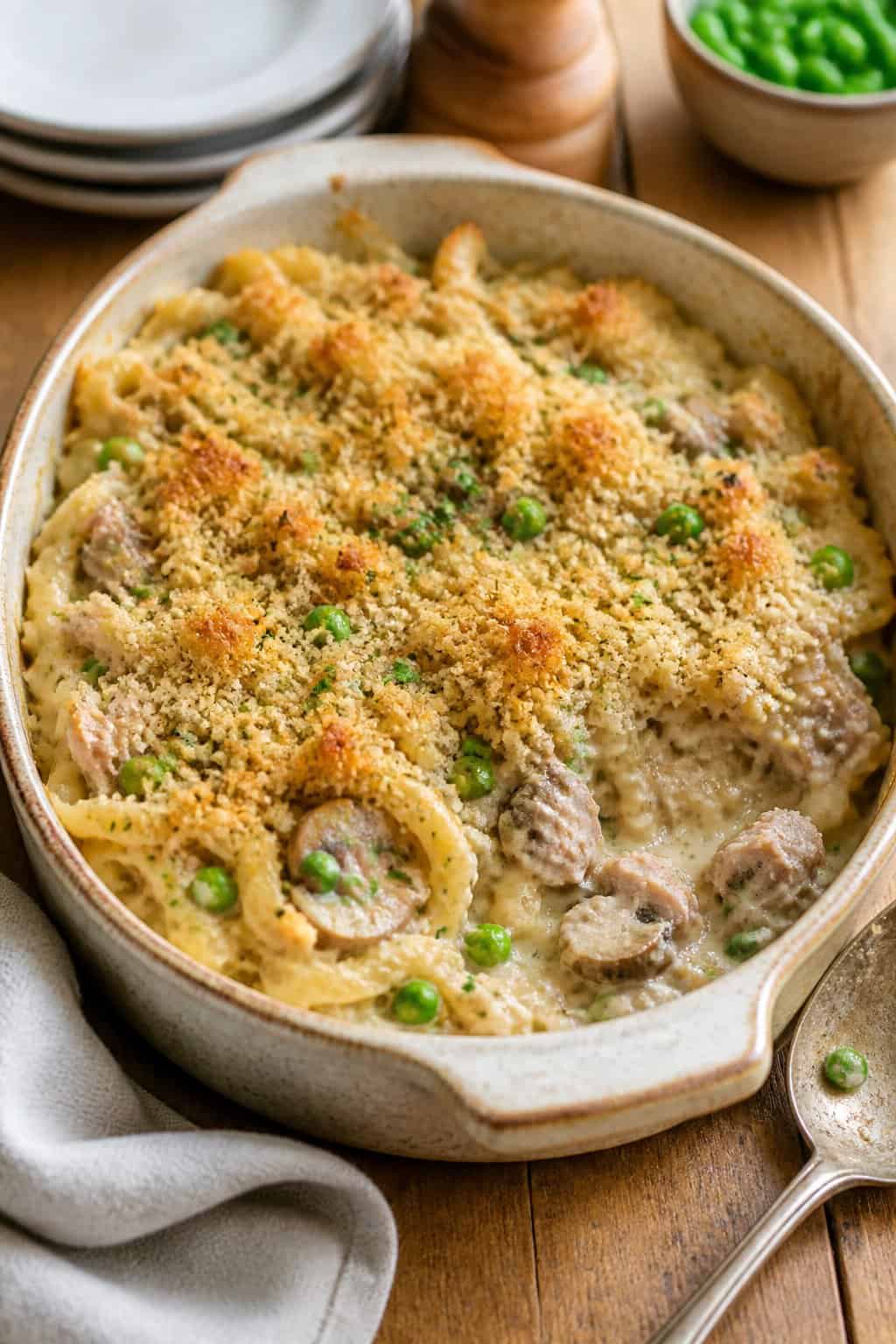 A baked tuna noodle casserole with egg noodles, cream sauce, and peas in a ceramic dish on a wooden table.