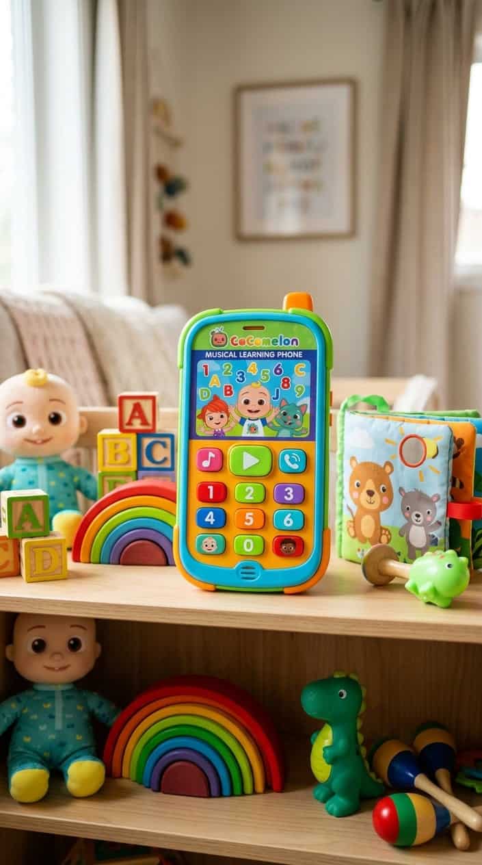 A colorful CoComelon Musical Learning Phone toy displayed on a nursery shelf surrounded by other children's toys.