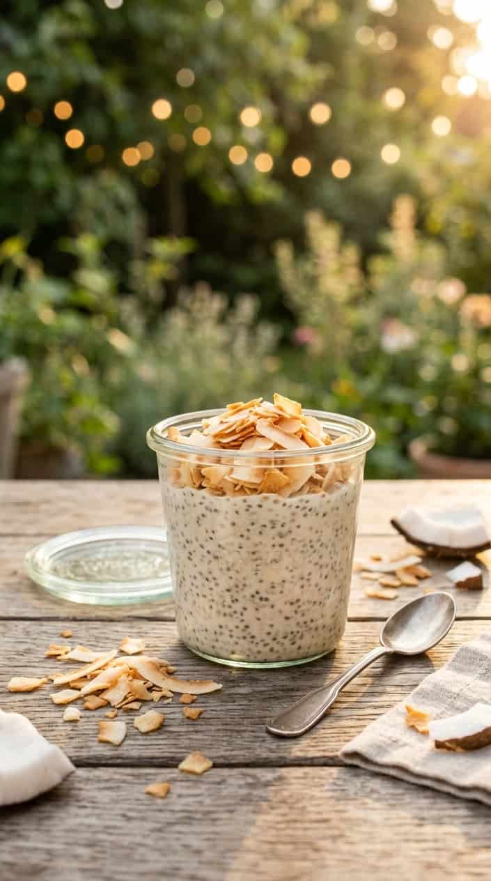 Summer Desserts That Hold Up in the Heat 7 A glass jar of coconut chia pudding topped with toasted coconut flakes on a wooden table outdoors with greenery in the background.