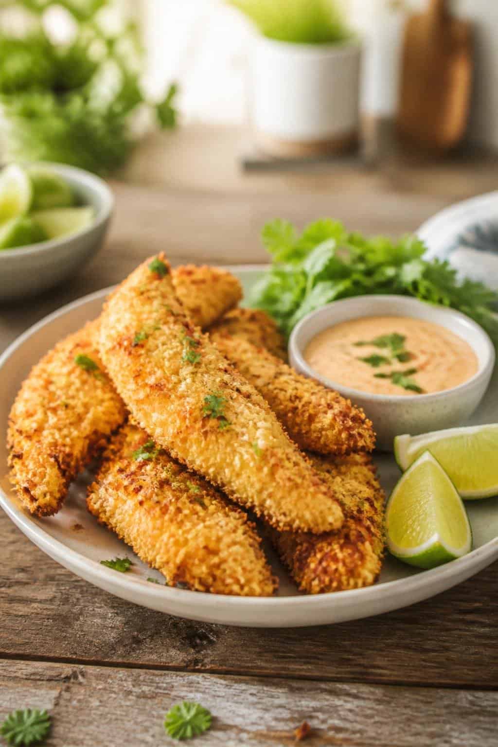 Plate of golden coconut-crusted chicken fingers with dipping sauce and lime wedges on a wooden table.