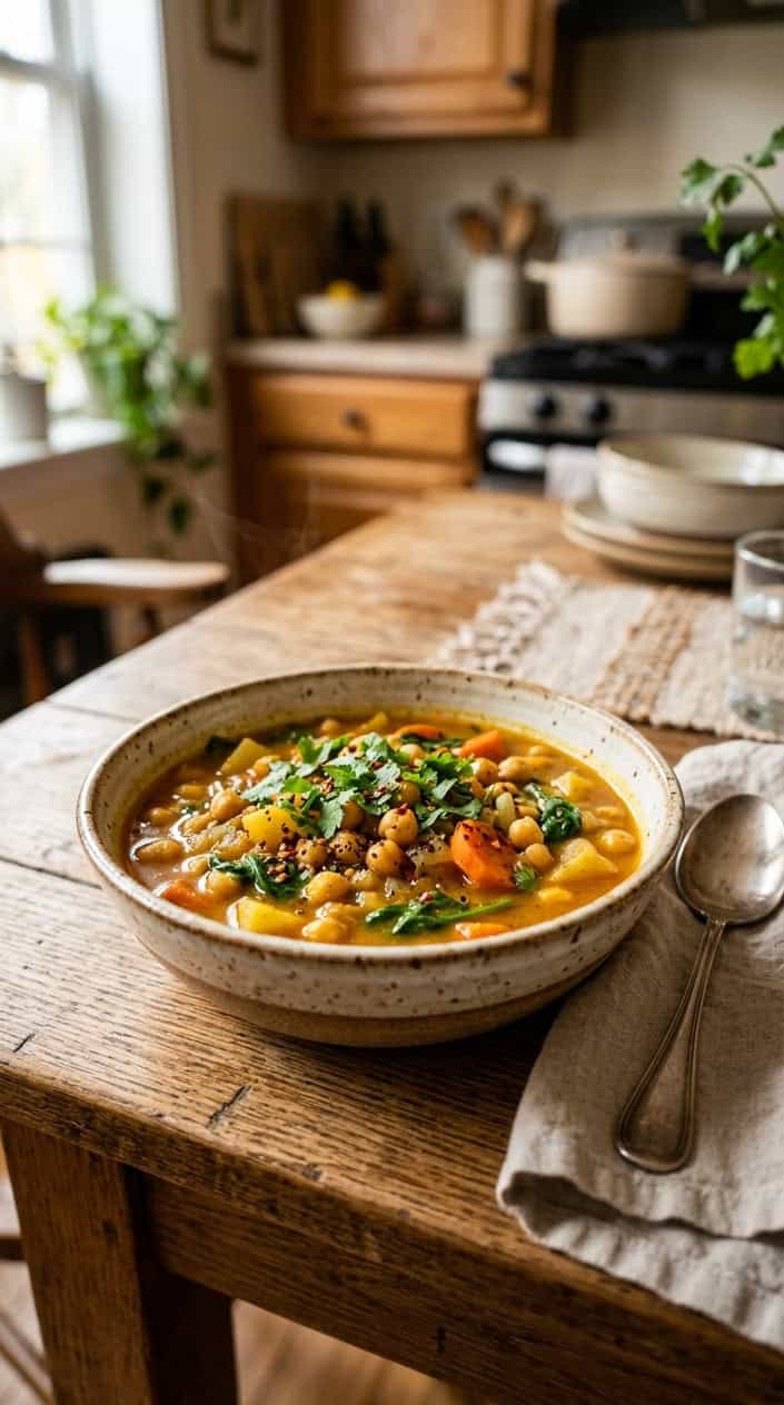 A bowl of coconut curry chickpea stew with vegetables and cilantro on a wooden table.