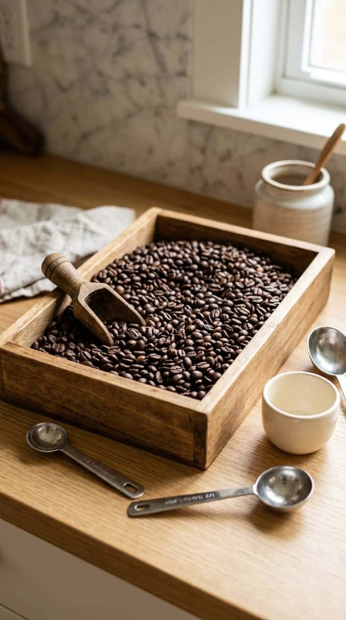 A sensory bin filled with dark coffee beans with small scoops on a kitchen countertop.