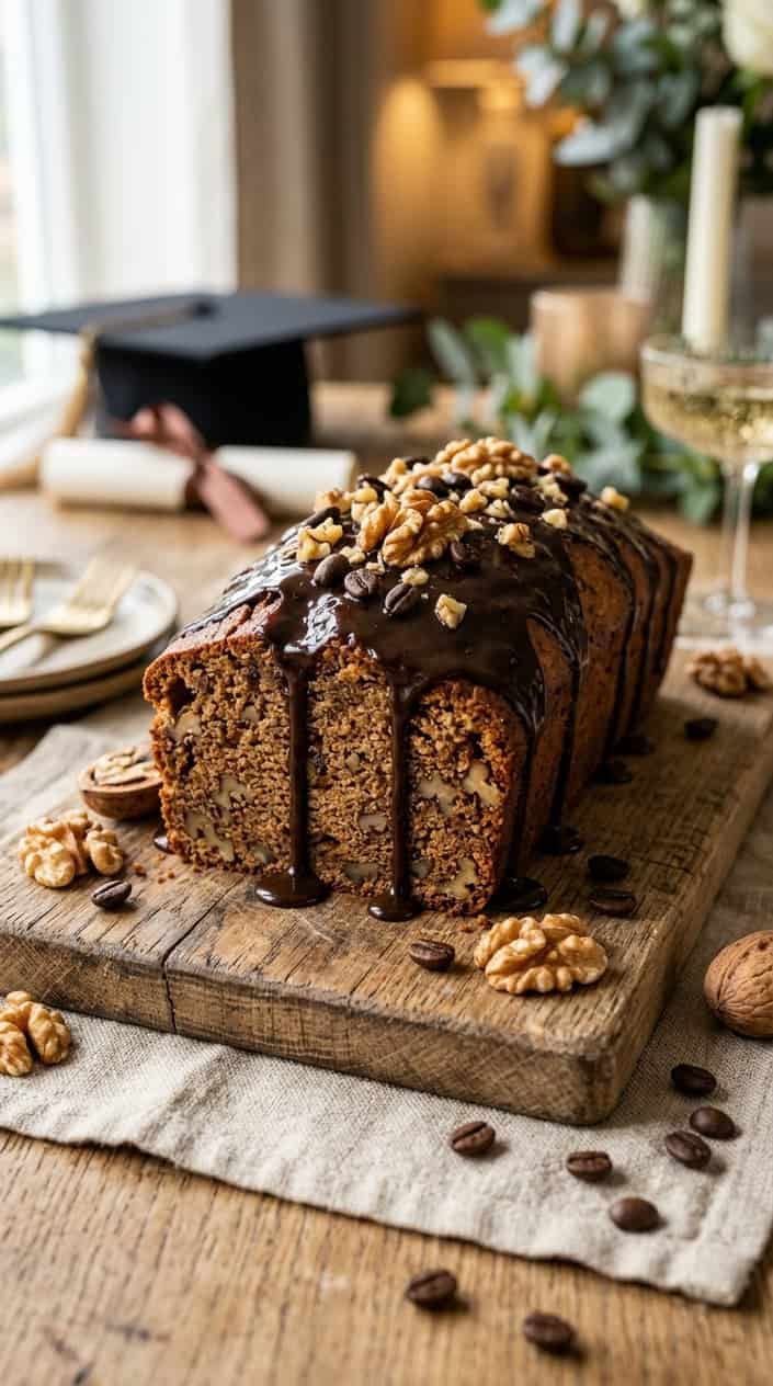 Graduation Cake Ideas Beyond the School Mascot 11 A coffee and walnut loaf with espresso glaze on a wooden board, surrounded by walnuts and coffee beans.