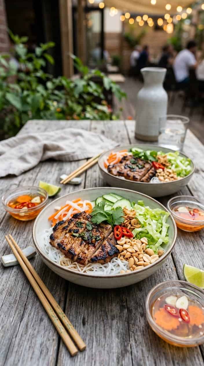 21 No-Heat Summer Dinner Recipes 17 Two bowls of cold Vietnamese rice noodles with grilled pork chops, fresh herbs, and vegetables on a wooden table with dipping sauce and lime wedges.