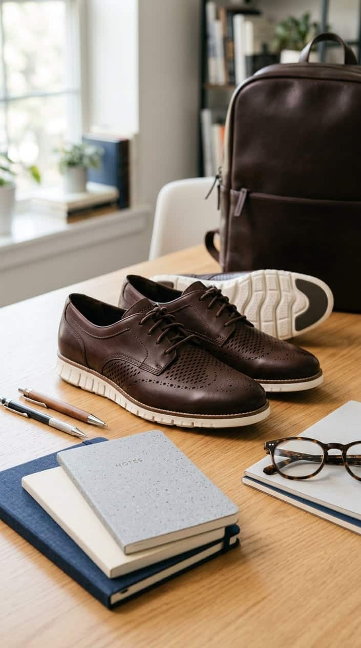 A pair of leather loafers placed on a wooden surface with notebooks, eyeglasses, and a backpack in the background.