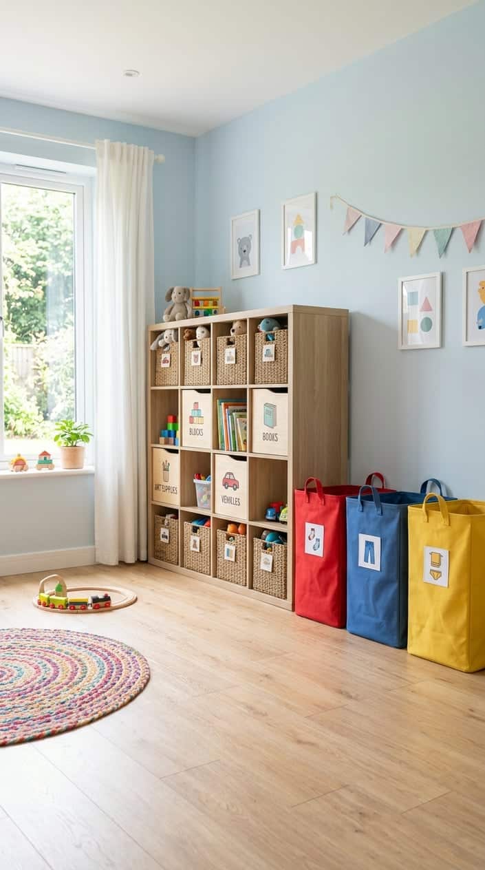 A bright playroom with three large color-coded fabric laundry hampers in red, blue, and yellow positioned against the wall as toy storage, with labeled picture tags attached to each.