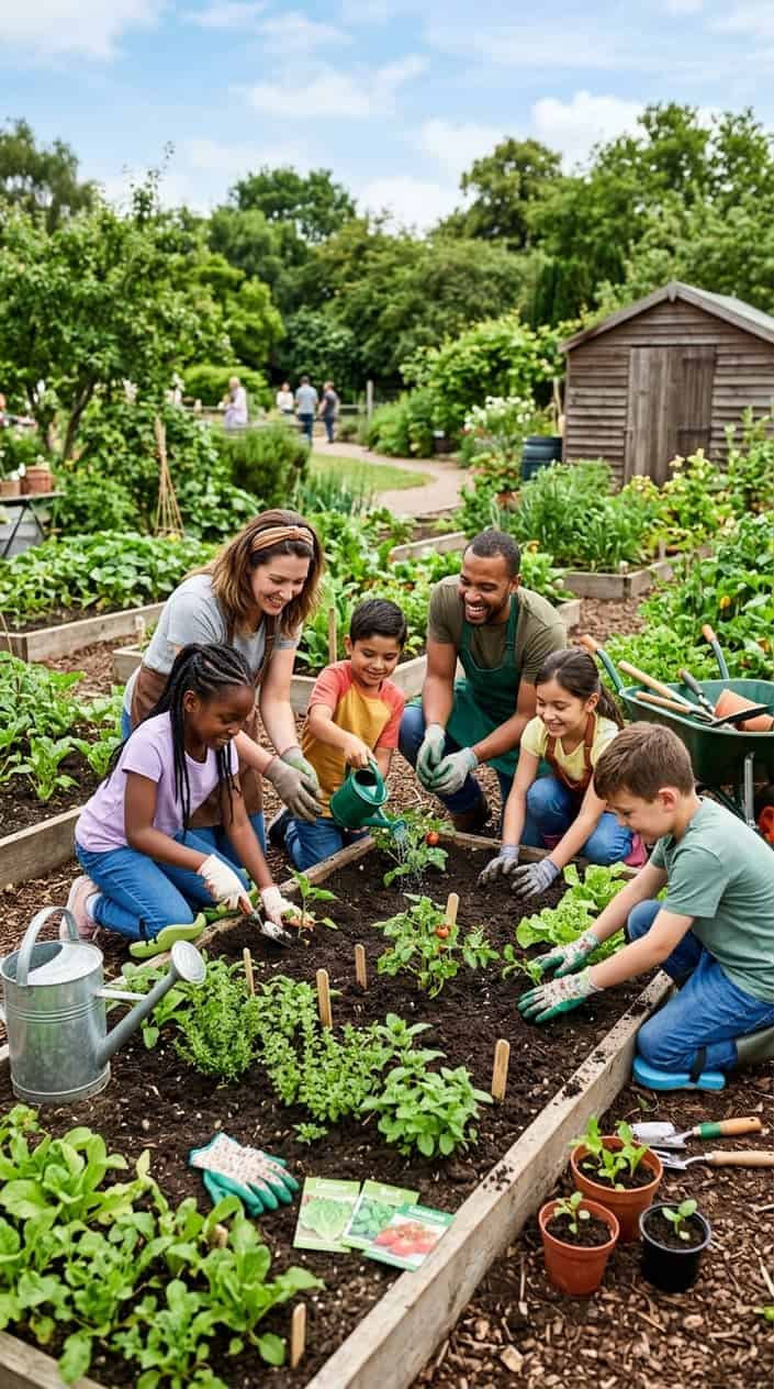Children and adults planting and caring for plants in a community garden on a sunny day.