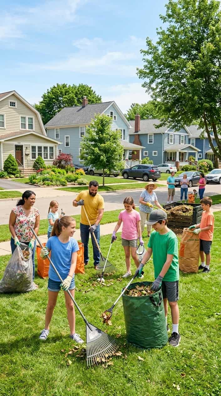 18 Kid-Friendly Outdoor Summer Activities for Tweens and Older Kids 13 Adults and children working together in a neighbor's front yard on a sunny summer morning, filling black trash bags with leaves while rakes lean against a wooden fence.