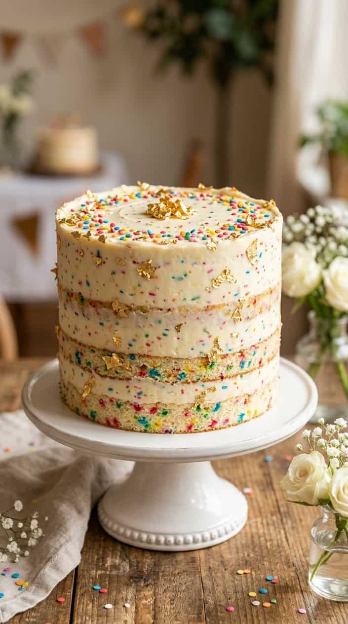 A multi-layered confetti buttercream cake decorated with edible gold flakes on a white cake stand.