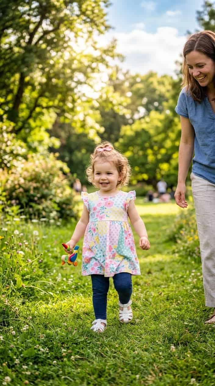 12 Cute Summer Dress Ideas for Toddler Girls Who Hate Wearing Dresses 15 A toddler girl wearing a comfortable summer dress stands confidently outdoors in a sunny park.