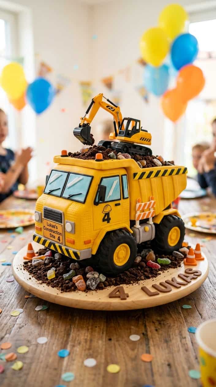 A detailed birthday cake shaped like a yellow construction truck with a small toy vehicle on top.