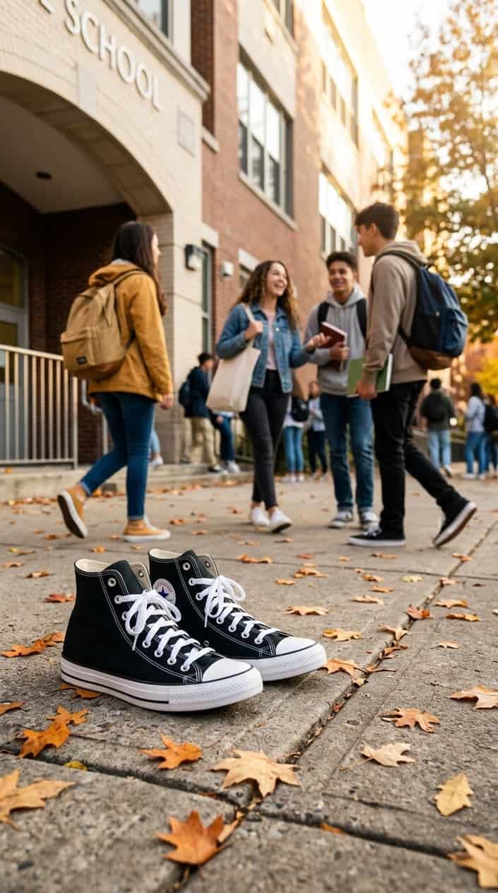 19 Back-to-School Outfit Ideas to Lock Down Before the Stores Get Ransacked 9 A pair of classic Converse Chuck Taylor high top sneakers on a sidewalk near a school entrance with teenagers walking and carrying backpacks in the background.